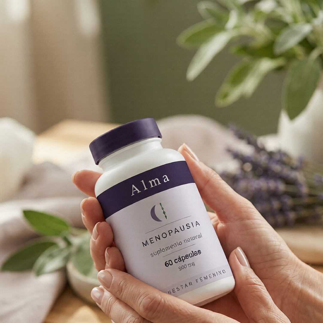 ALMA suplemento menopausia - manos sosteniendo el frasco